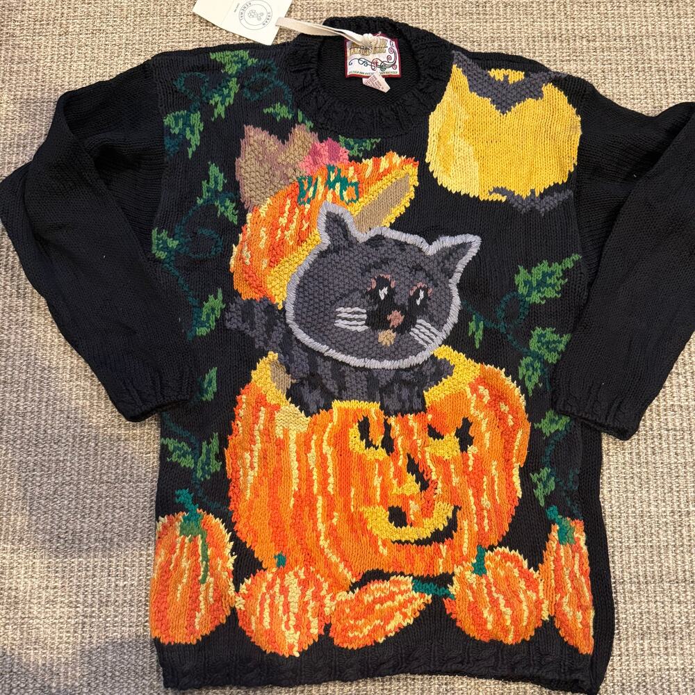 Vintage Halloween Black Cat Pumpkin Moon Knit Sweater Pullover Medium Spooky M